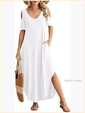 Plus Size Maxi Dress with Pockets Cold Shoulder V Neck Loose Fit Beach Coverup